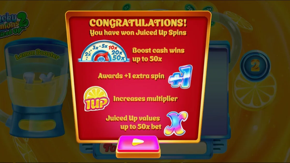Tampilan visual slot Lucky Lemons 2 Juiced Up dengan tema buah-buahan pop-art yang cerah